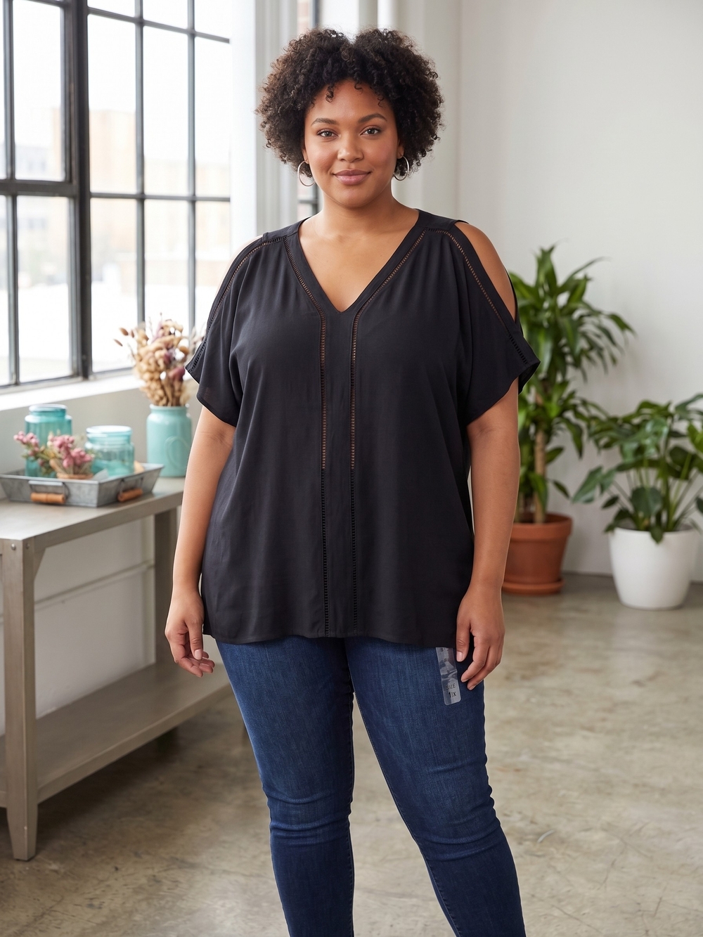 Raisins Black Cold-Shoulder V-Neck Tunic